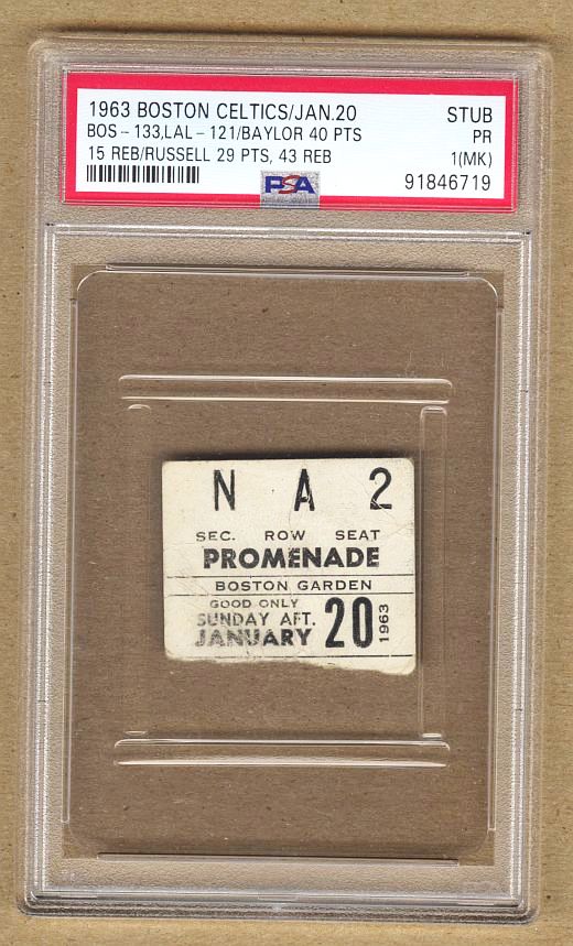 1963 Boston Celtics & LA Lakers 1/20 Ticket Stub Bill Russell 29 Pts & 43 Rebounds PSA POP 1
