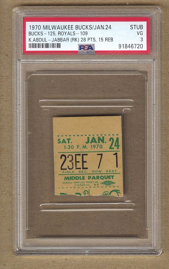 January 24, 1970 Milwaukee Bucks vs Cincinnati Royals Ticket Stub Lew Alcindor Rookie Year 28 pts PSA 3 Pop 1