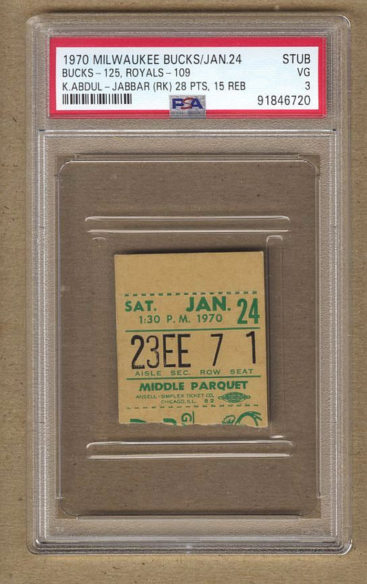January 24, 1970 Milwaukee Bucks vs Cincinnati Royals Ticket Stub Lew Alcindor Rookie Year 28 pts PSA 3 Pop 1