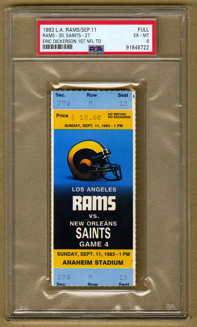 1983 Rams vs Saints Rookie Eric Dickerson 1st NFL career Touchdown Full Ticket PSA 6