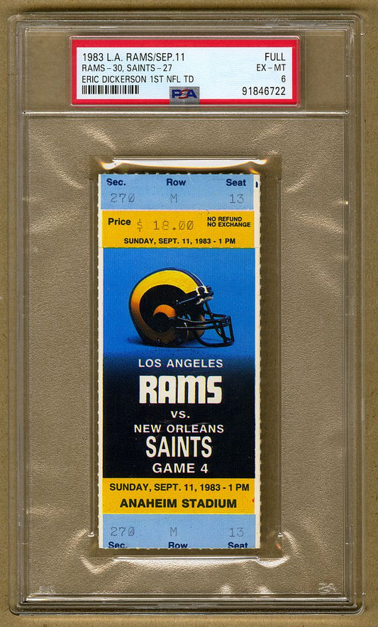 1983 Rams vs Saints Rookie Eric Dickerson 1st NFL career Touchdown Full Ticket PSA 6