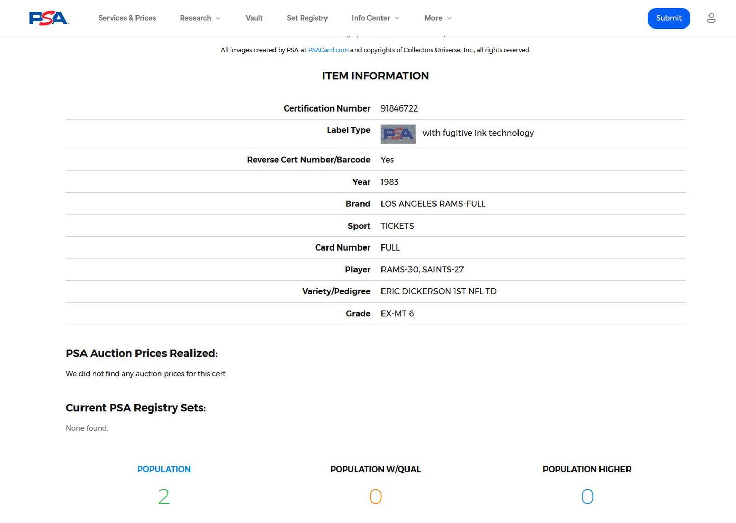 1983 Rams vs Saints Rookie Eric Dickerson 1st NFL career Touchdown Full Ticket PSA 6