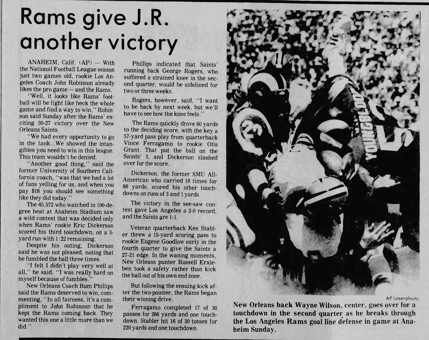 1983 Rams vs Saints Rookie Eric Dickerson 1st NFL career Touchdown Full Ticket PSA 6