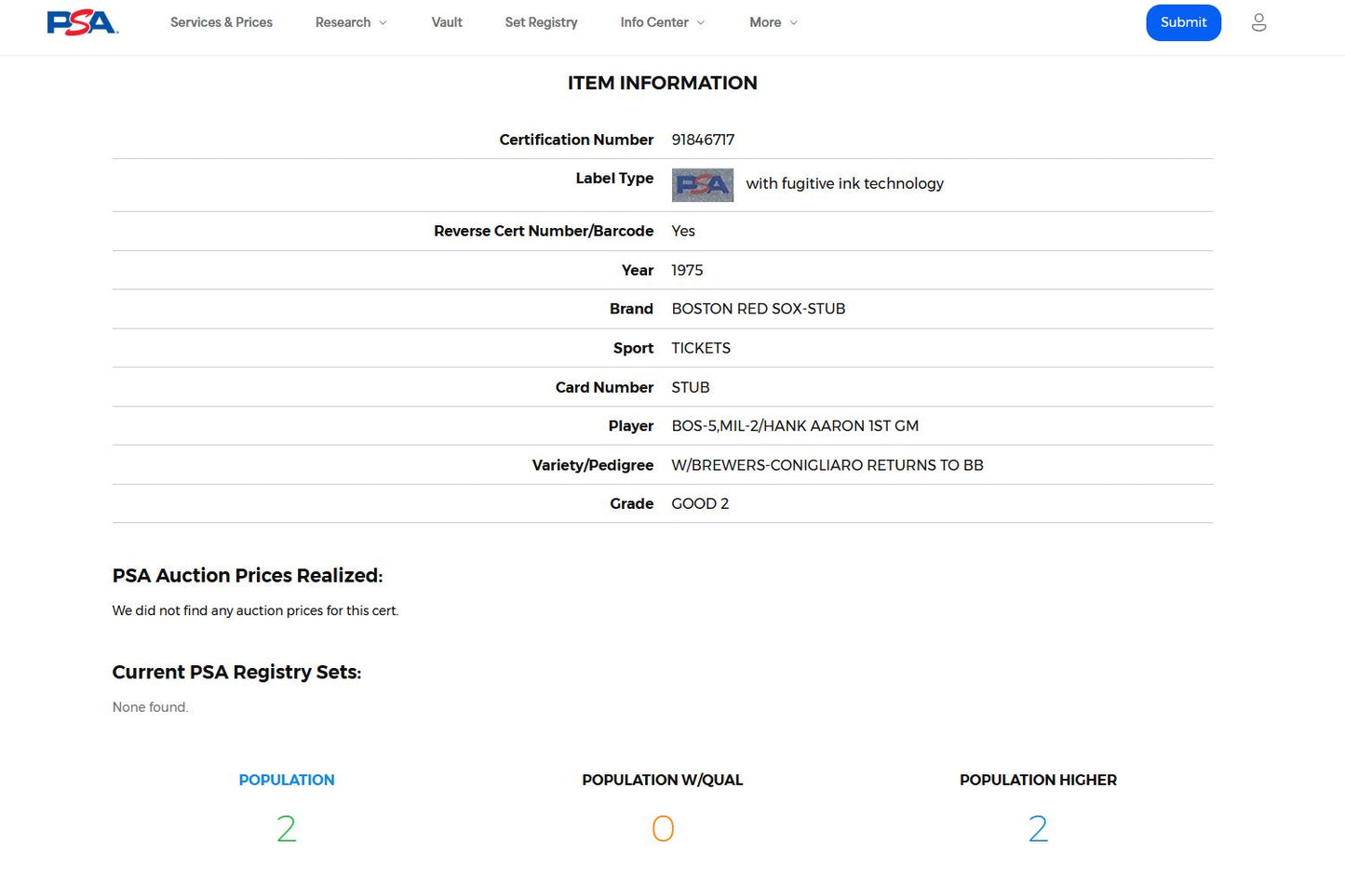 April 8, 1975 Red Sox Opening Day vs. Brewers Ticket Stub Hank Aaron Debut - Tony Conigliaro Returns to baseball PSA