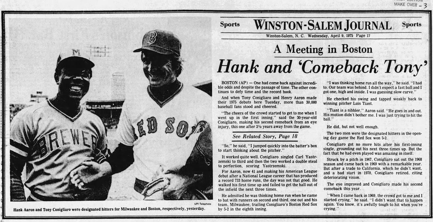April 8, 1975 Red Sox Opening Day vs. Brewers Ticket Stub Hank Aaron Debut - Tony Conigliaro Returns to baseball PSA