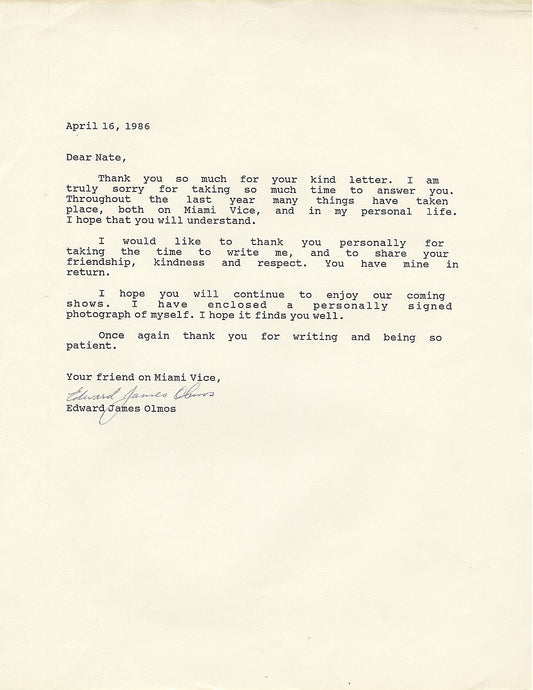 Edward Jame Olmos Signed Letter from 1986 Miami Vice - Blade Run - American Me