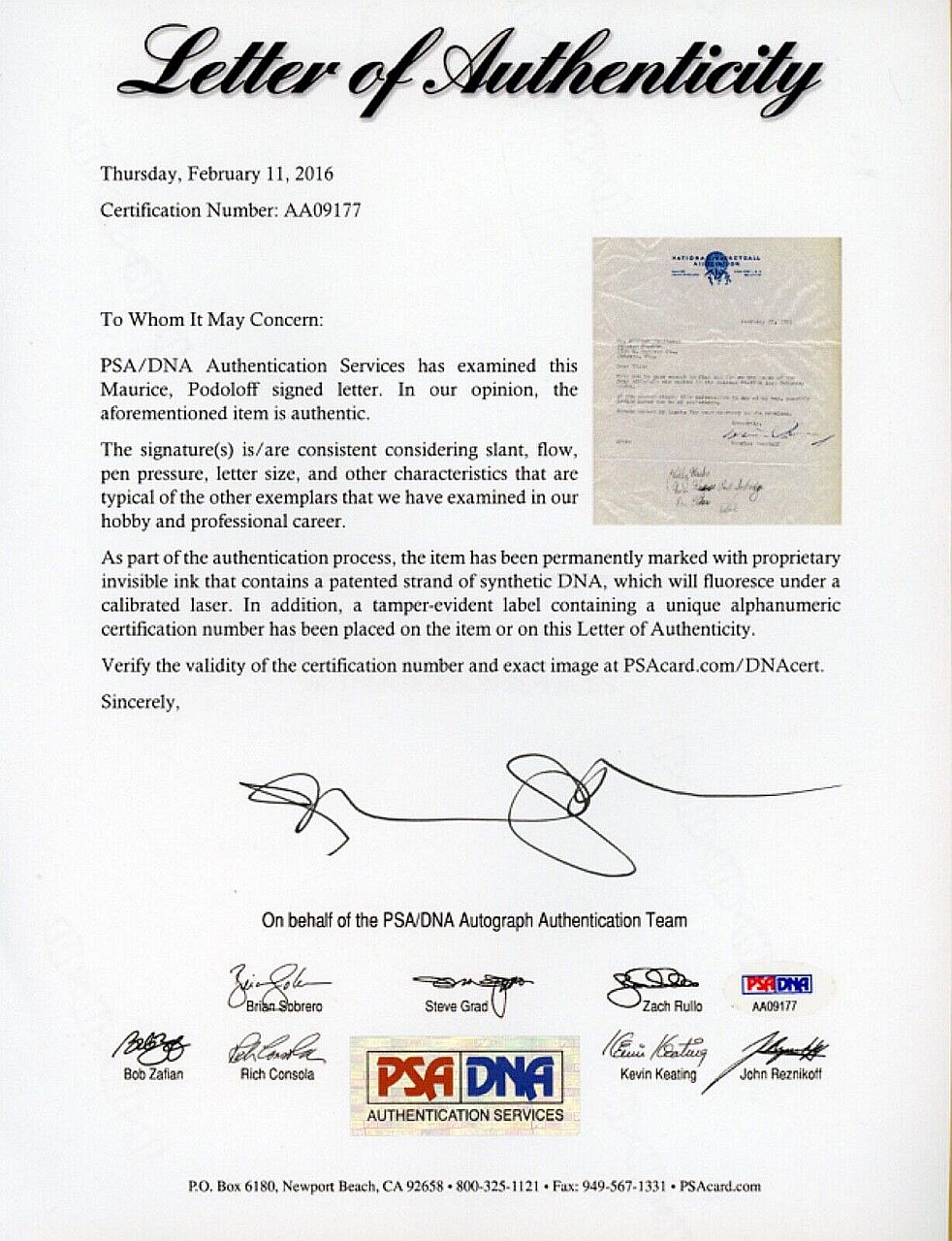 Maurice Podoloff SIGNED AUTO letter 1953 on NBA letterhead Basketball HOF PSA/DNA LOA