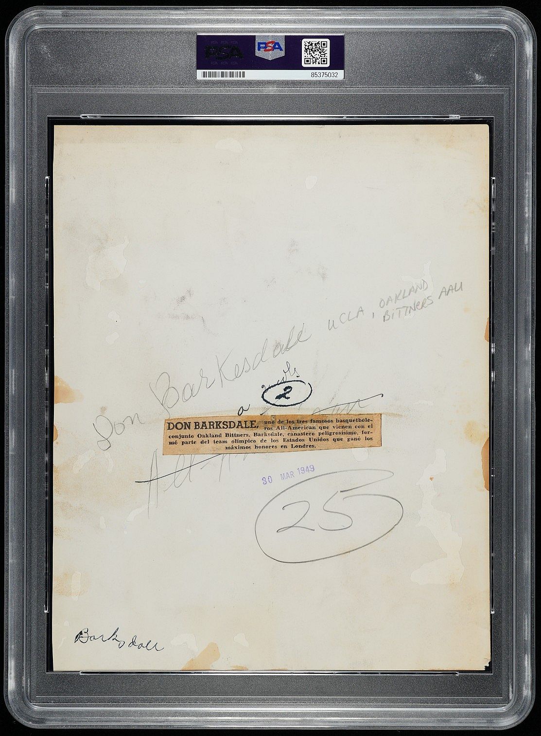 1949 Don Barksdale 1st Black NBA All-Star 1948 Olympian Original TYPE I photo Pre-Rookie Shot PSA/DNA