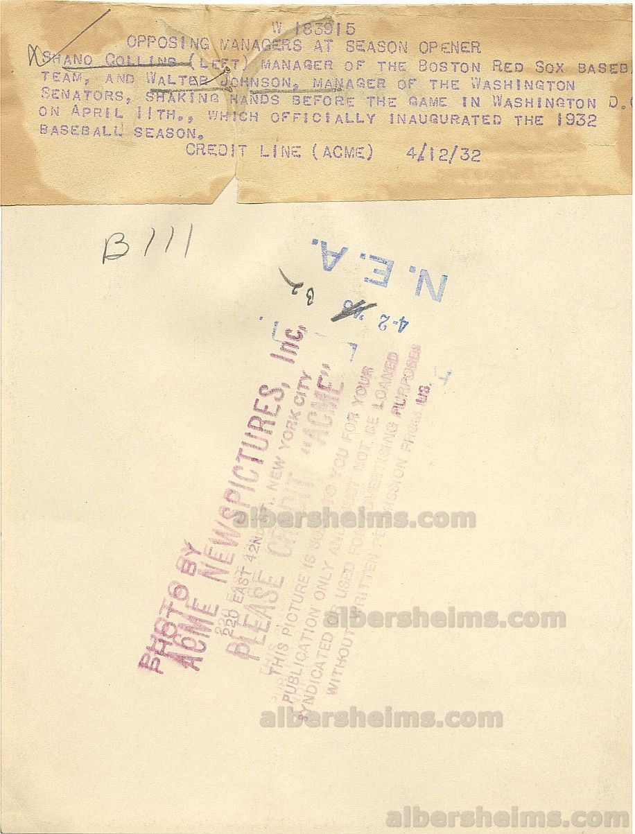 1932 Walter Johnson Washington Senators Opening Day /w Red Sox Shano Collins Original TYPE I Photo