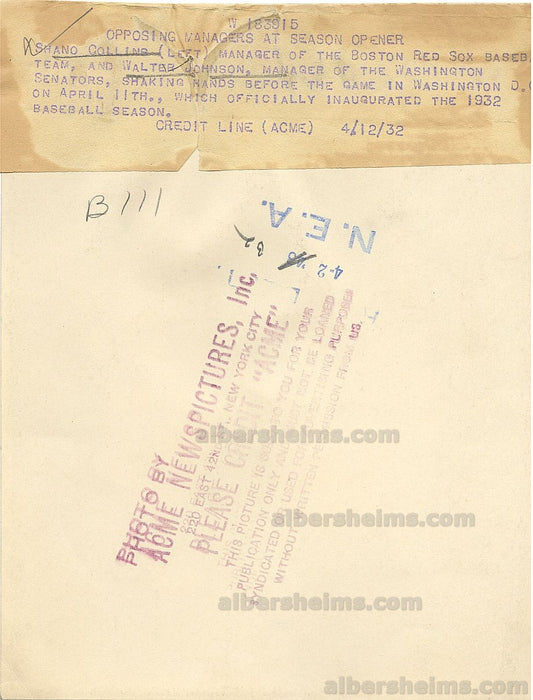 1932 Walter Johnson Washington Senators Opening Day /w Red Sox Shano Collins Original TYPE I Photo