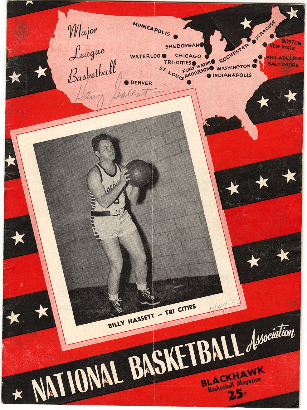 Harry Gallatin Signed AUTO November 5, 1949 - Tri-Cities Blackhawks Home opener vs. NY Knicks Basketball Program