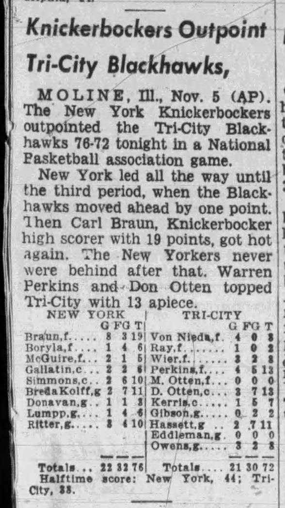 Harry Gallatin Signed AUTO November 5, 1949 - Tri-Cities Blackhawks Home opener vs. NY Knicks Basketball Program
