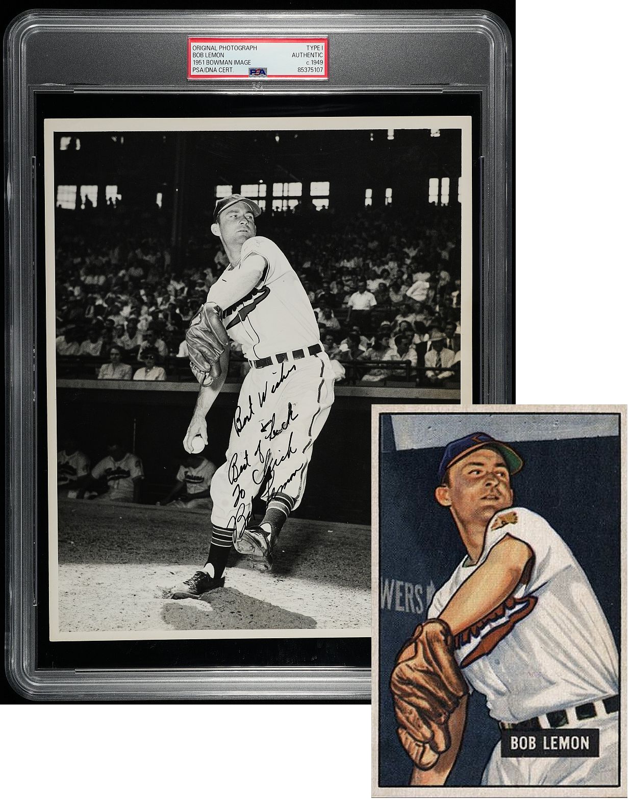 Bob Lemon Signed AUTO Original TYPE I Photo Used for his 1951 Bowman #53 Baseball Card PSA/DNA & JSA LOA - COA