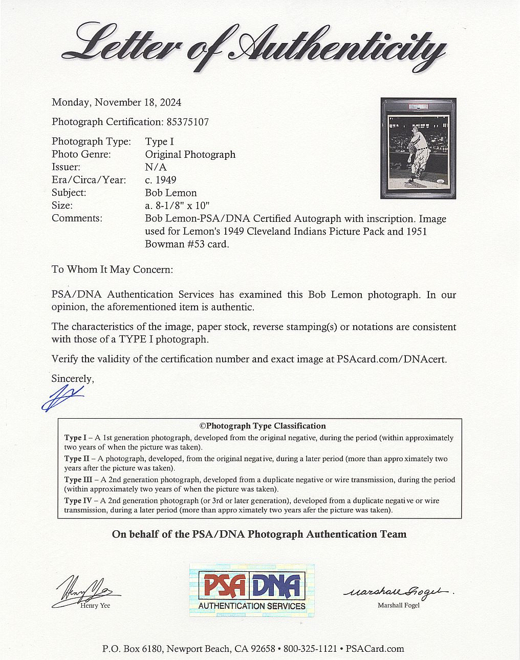 Bob Lemon Signed AUTO Original TYPE I Photo Used for his 1951 Bowman #53 Baseball Card PSA/DNA & JSA LOA - COA