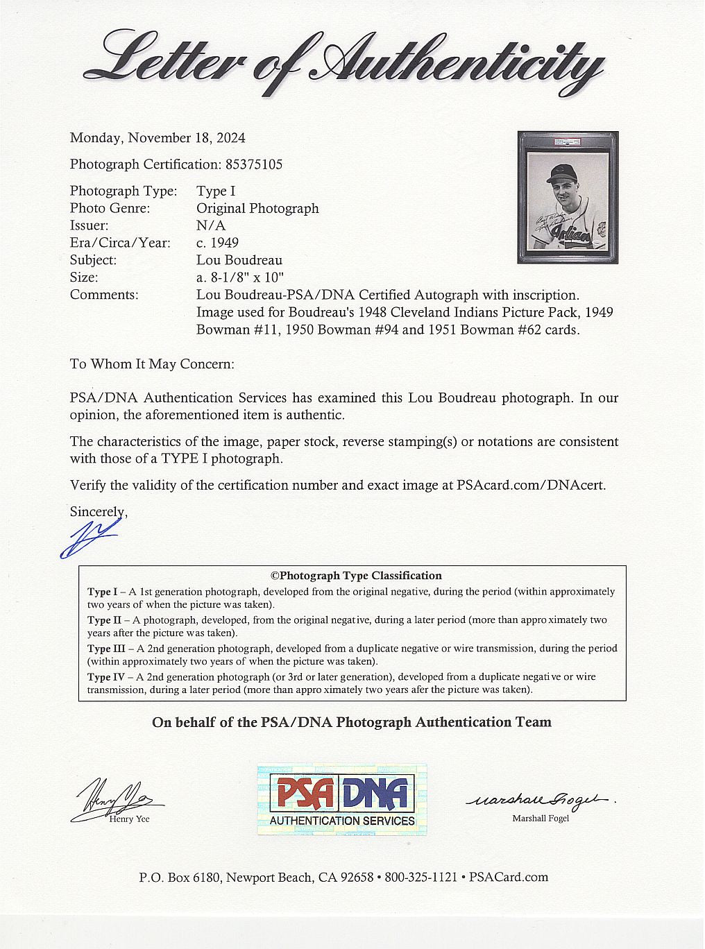 Lou Boudreau Signed AUTO Original TYPE I Photo Used for his Rookie 1949-50-1951 Bowman Baseball Cards PSA/DNA & JSA LOA - COA