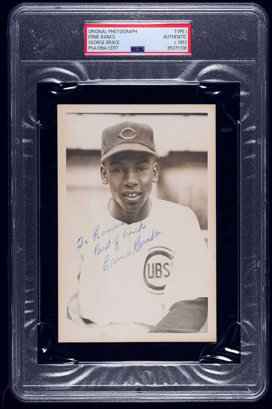 Ernie Banks Chicago Cubs HOFer Major League Debut September 1953 Original Signed AUTO TYPE I Photo by George Brace PSA/DNA LOA