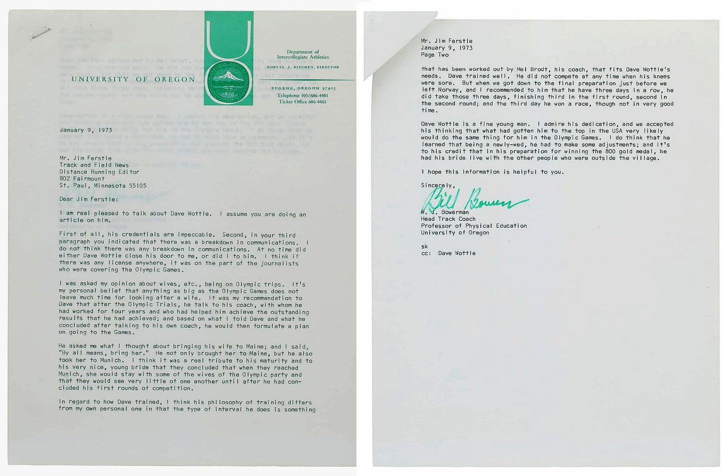 Bill Bowerman Co-Founder of Nike & Legendary Oregon Track Coach - Steve Prefontaine Signed AUTO 2 Page Letter about Olympic Gold Medalist - Dave Wottle PSA/DNA LOA