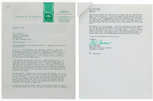 Bill Bowerman Co-Founder of Nike & Legendary Oregon Track Coach - Steve Prefontaine Signed AUTO 2 Page Letter about Olympic Gold Medalist - Dave Wottle PSA/DNA LOA