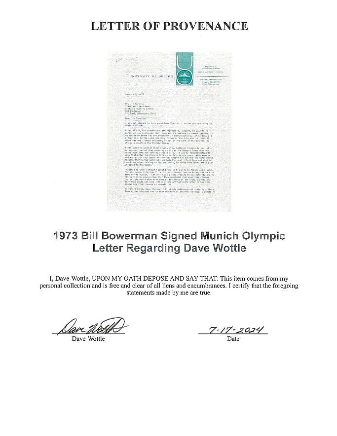 Bill Bowerman Co-Founder of Nike & Legendary Oregon Track Coach - Steve Prefontaine Signed AUTO 2 Page Letter about Olympic Gold Medalist - Dave Wottle PSA/DNA LOA