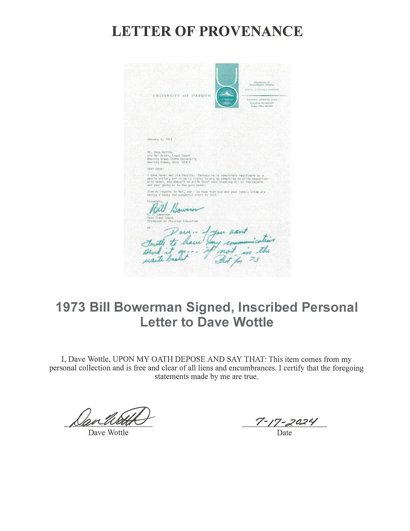 Bill Bowerman Co-Founder of Nike & Legendary Oregon Track Coach - Steve Prefontaine Signed AUTO Letter to Olympic Gold Medalist - Dave Wottle PSA/DNA LOA