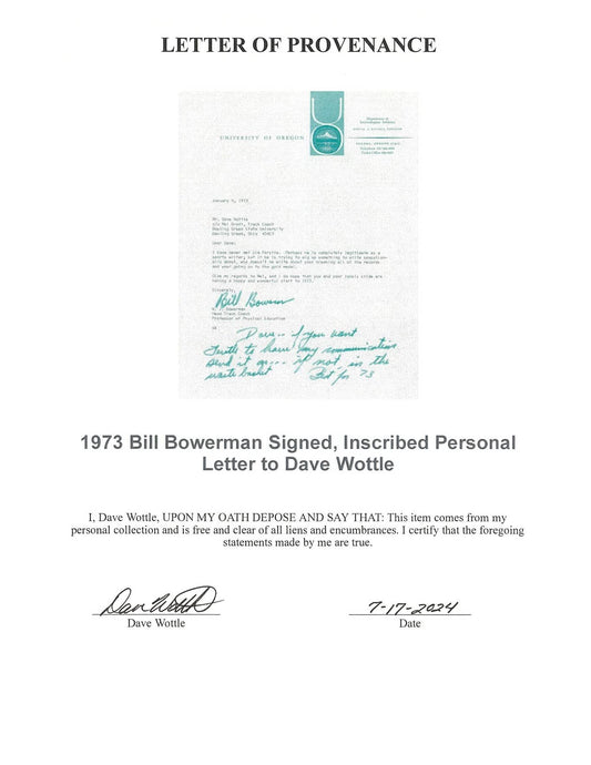Bill Bowerman Co-Founder of Nike & Legendary Oregon Track Coach - Steve Prefontaine Signed AUTO Letter to Olympic Gold Medalist - Dave Wottle PSA/DNA LOA