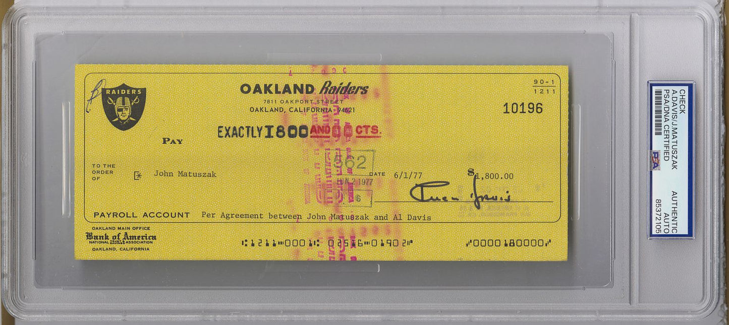 Al Davis Dual Signed AUTO Oakland Raiders payroll check to John "The Tooz" Matuszak PSA/DNA