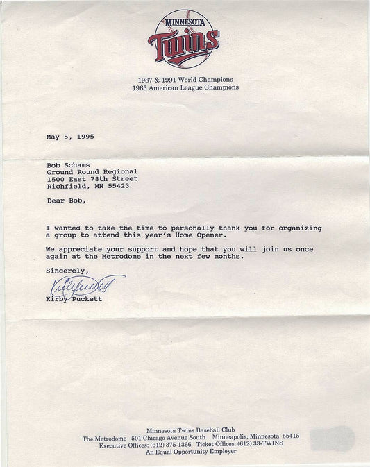 Kirby Puckett Signed AUTO letter on Twins letterhead from 1995 BAS LOA