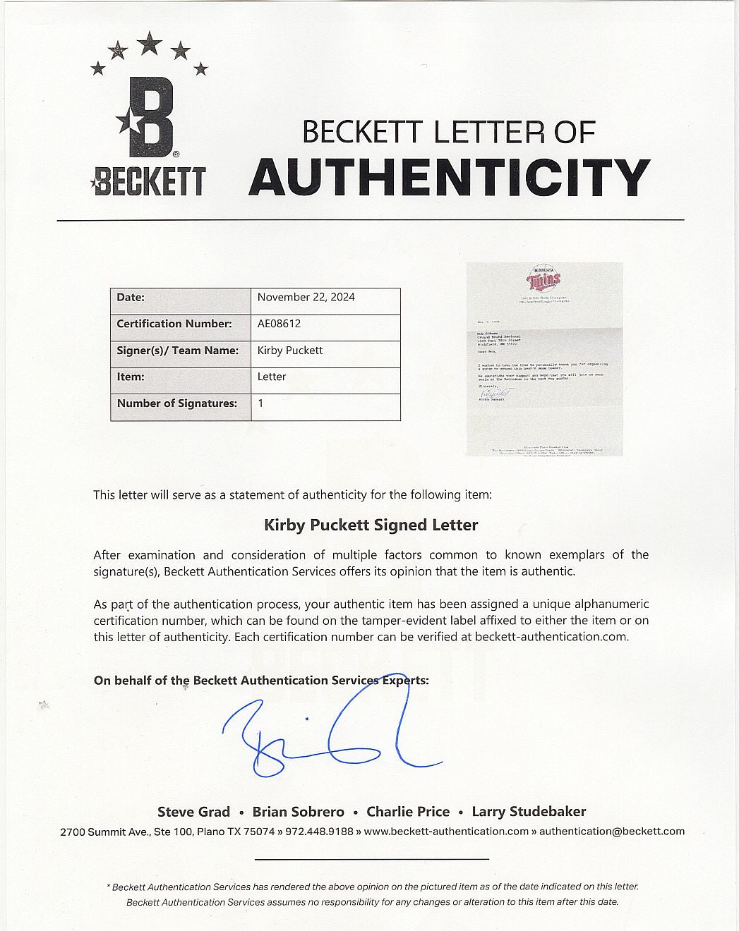 Kirby Puckett Signed AUTO letter on Twins letterhead from 1995 BAS LOA