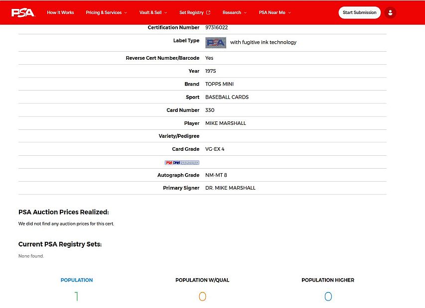 1975 Topps Mini Mike Marshall #330 Signed AUTO PSA 4 PSA/DNA 8 Pop One - None Higher