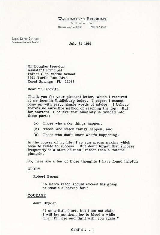 Jack Kent Cooke signed AUTO 4-page Letter with his SECRET TO SUCCESS Washington Redskins L.A. Kings Lakers Owner