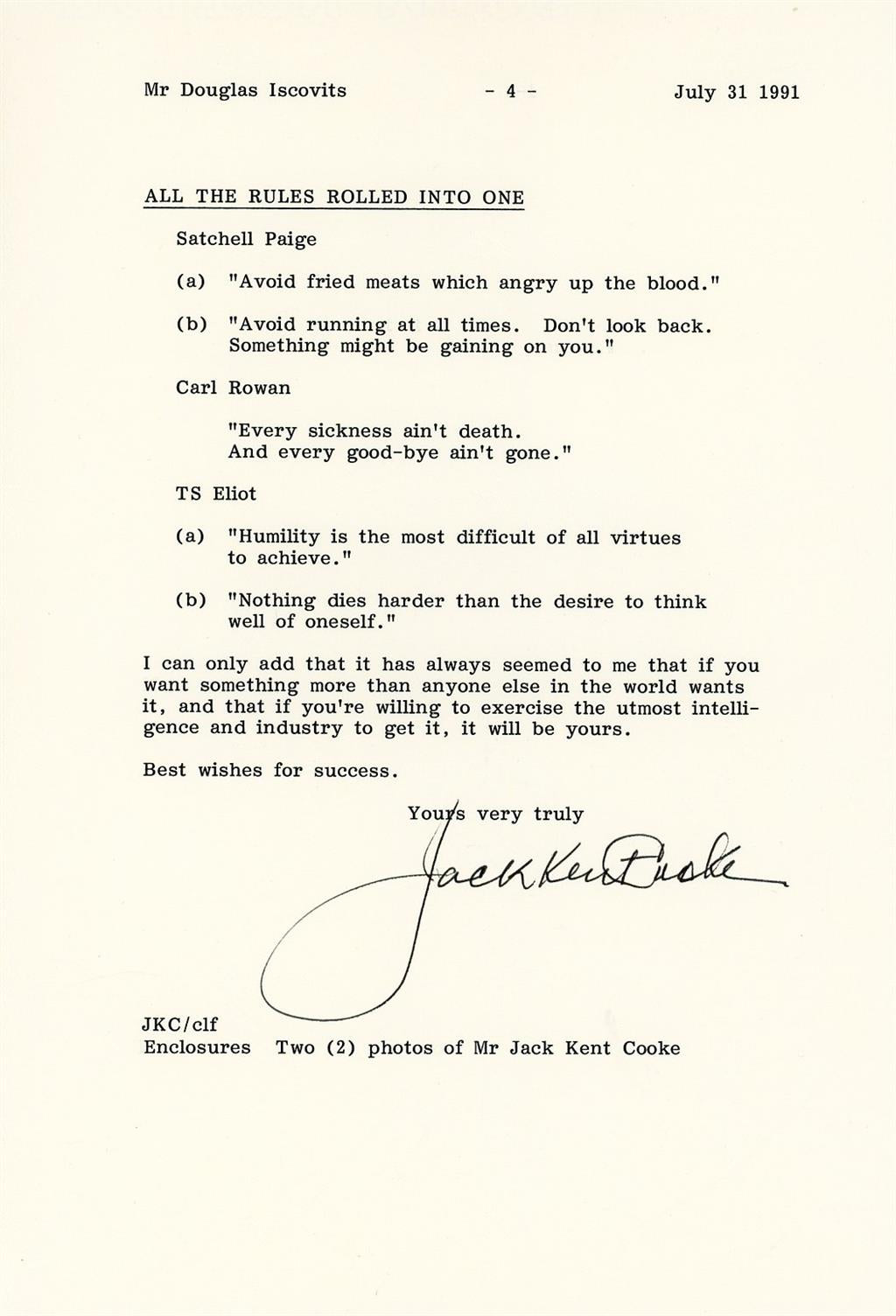 Jack Kent Cooke signed AUTO 4-page Letter with his SECRET TO SUCCESS Washington Redskins L.A. Kings Lakers Owner