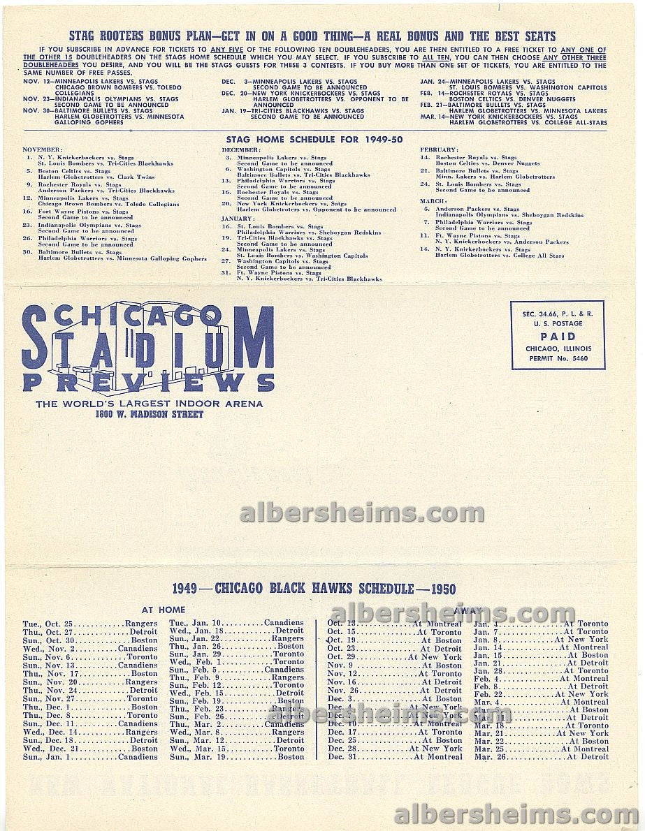1949 Chicago Stadium Review Newsletter Volume 2 No. 1 - Stags Basketball BAA Schedule