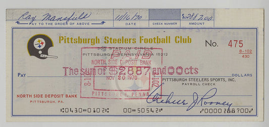 Art Rooney Signed AUTO 1970 Pittsburgh Steelers Payroll Check Signed by Iron Curtain - Ray Mansfield