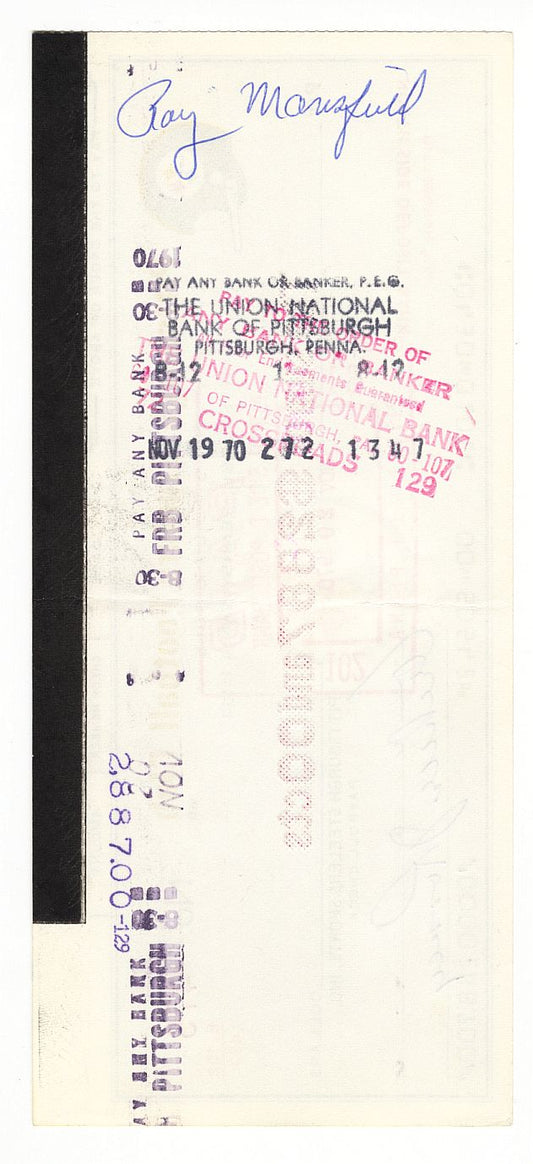 Art Rooney Signed AUTO 1970 Pittsburgh Steelers Payroll Check Signed by Iron Curtain - Ray Mansfield