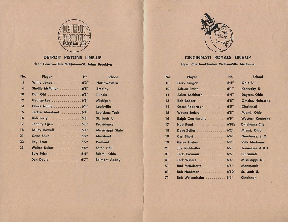 October 16, 1961 Detroit Pistons Cincinnati Royals Scorecard Program 1350 fans Big O Triple Double