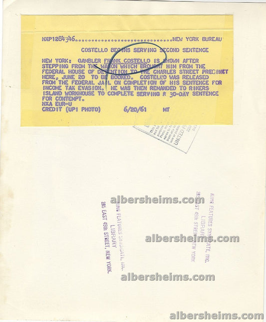 Frank Costello Mafia Mob Boss Headed to Prison - Rikers Island Original TYPE I Photo