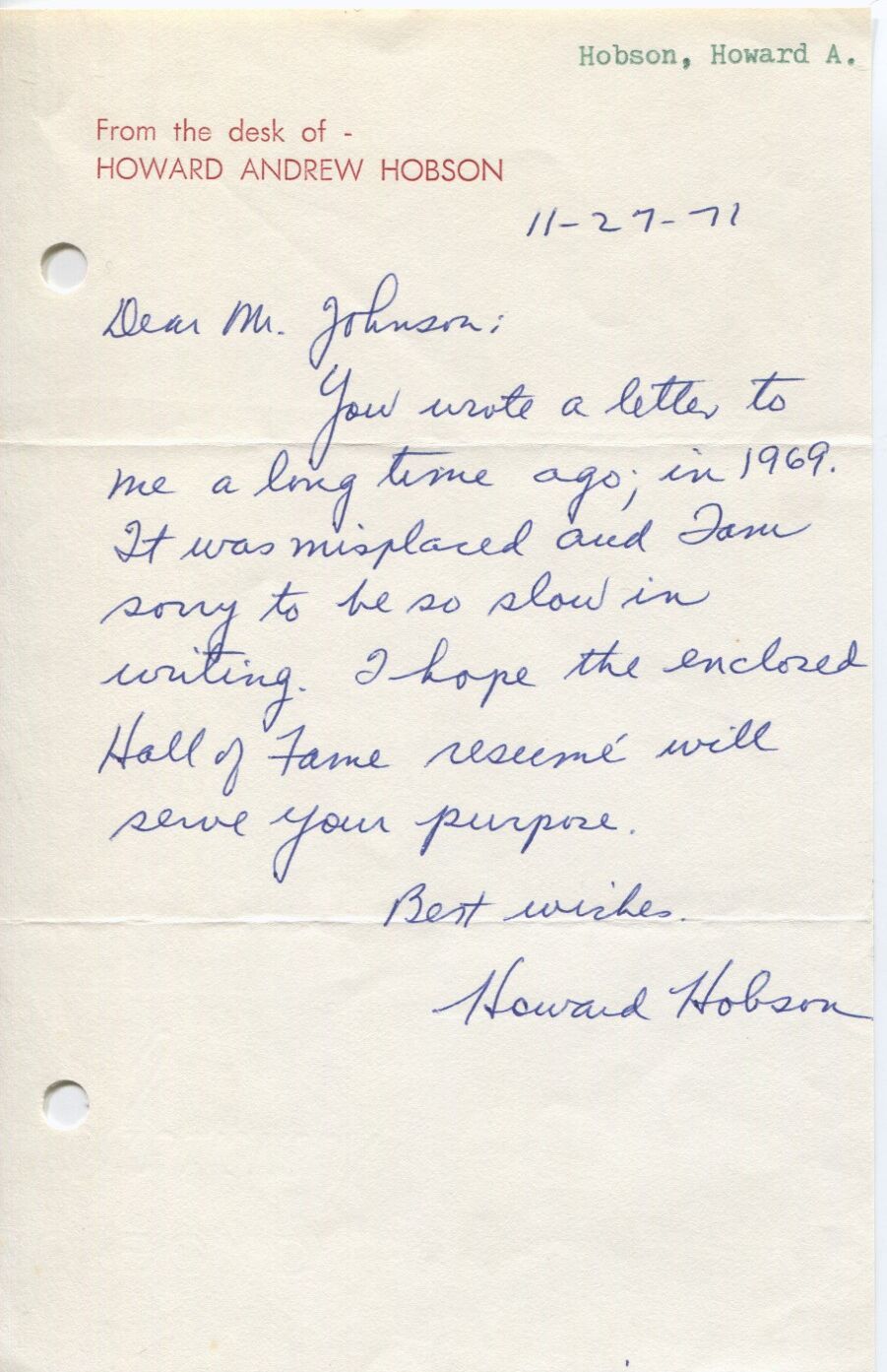 Howard Hobson Basketball HOF signed handwritten letter