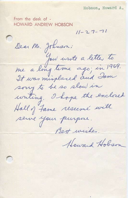 Howard Hobson Basketball HOF signed handwritten letter