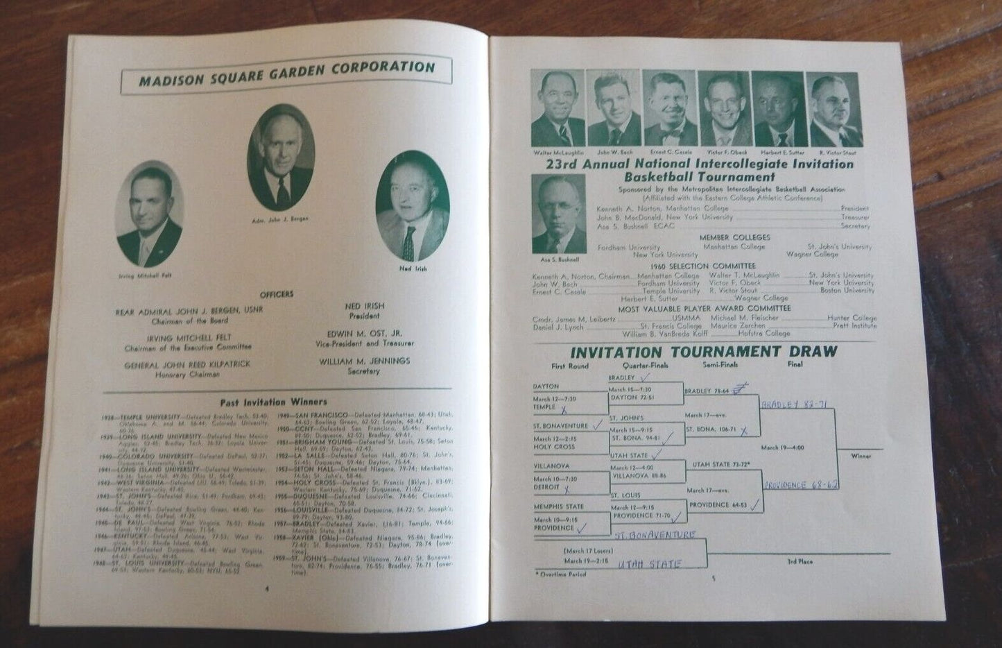 "The Spiked Orange Juice Game" March 17, 1960 Bradley vs. St. Bonaventure NIT Semi-Finals Ticket Stub & Program