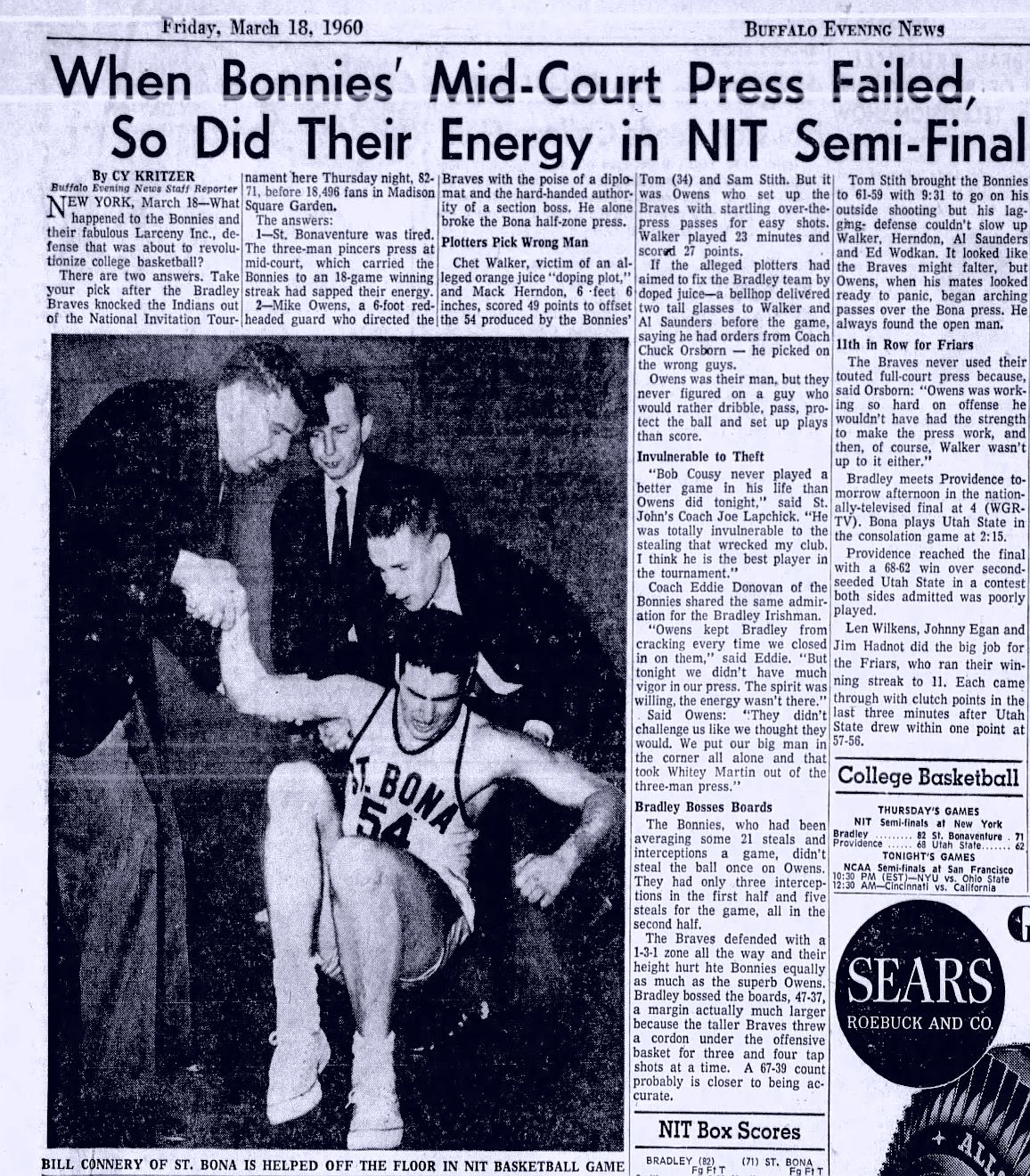 "The Spiked Orange Juice Game" March 17, 1960 Bradley vs. St. Bonaventure NIT Semi-Finals Ticket Stub & Program