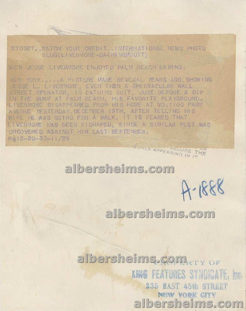 Jesse Livermore "The Great Bear of Wall Street" Wearing Swimsuit in Palm Beach 1933 Original Press Photo