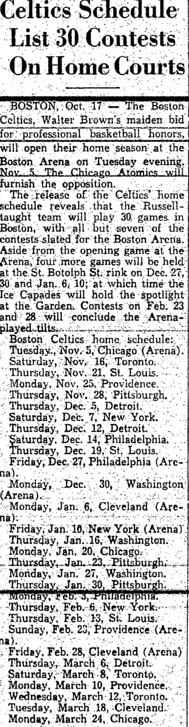 1946-47 Boston Celtics First 1st Year NBA basketball Schedule /w bonus tickets
