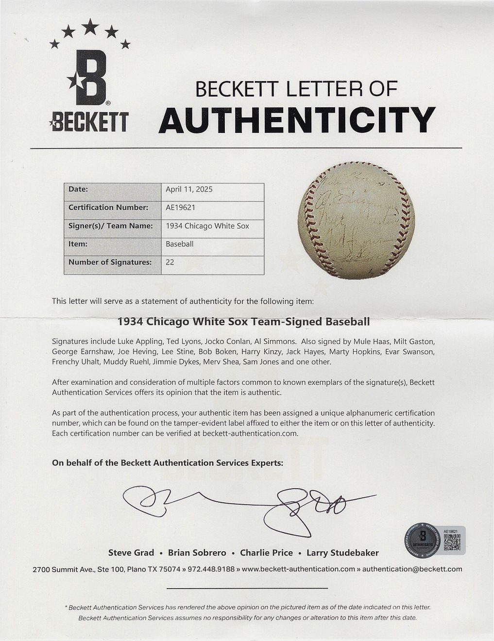 1934 Chicago White Sox Team Signed AUTO Baseball /w 22 Autographs - AL Simmons - BAS LOA