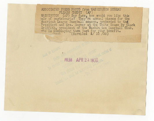 1930 Clark Griffith Senators HOF Owner - Holds Up Passes for President Herbert Hoover Original TYPE 1 photo PSA LOA