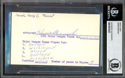 Heinie Manush Signed AUTO 3x5 Index Card Document Listing his Teams D.1971 Beckett BAS