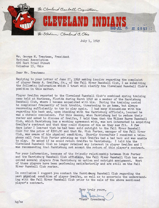 Hank Greenberg Signed AUTO letter on Indians letterhead Baseball HOF PSA/DNA