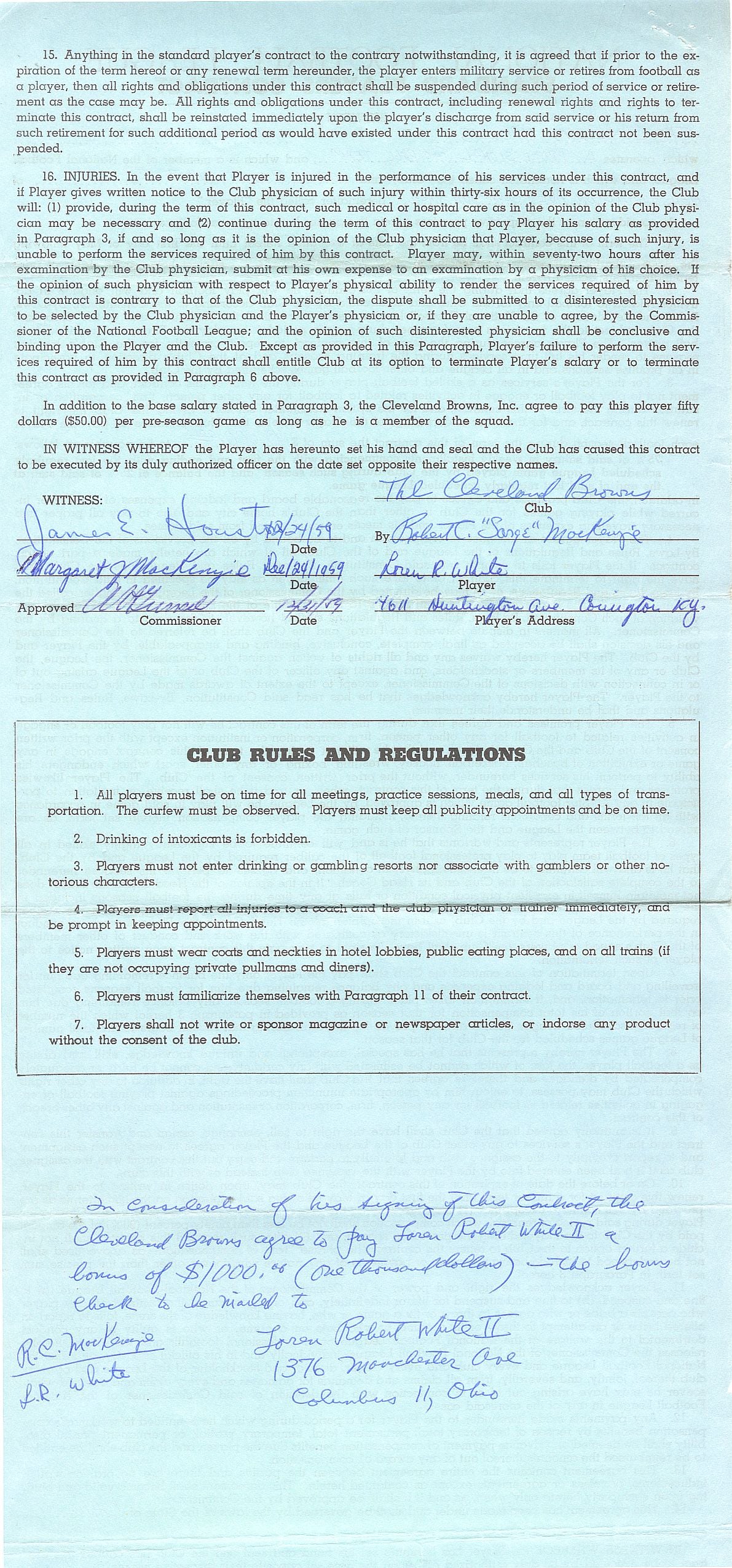 Austin Gunsel - The RAREST NFL Commissioner autograph signed NFL football Contract for Ohio State Heisman Trophy Finalist - Bob White