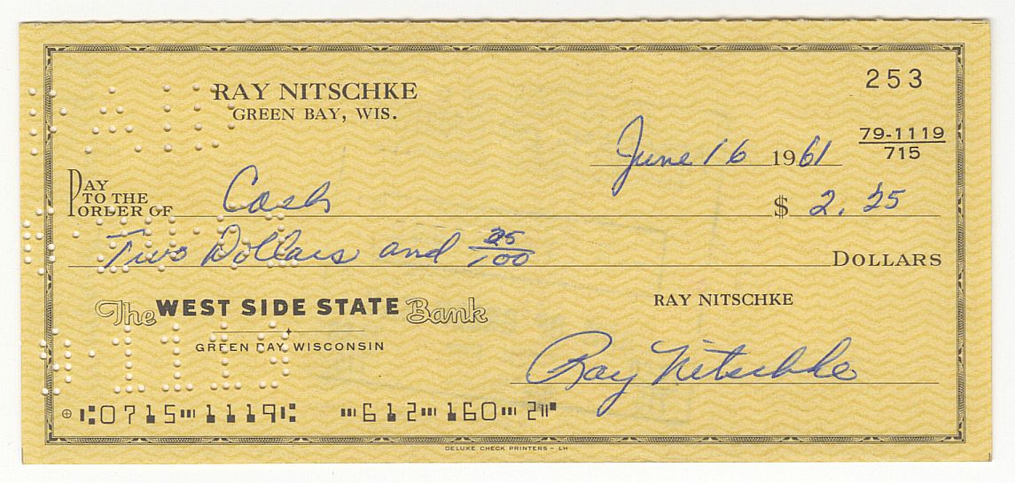 Ray Nitschke Signed AUTO Personal Check from 1961 Green Bay Packers HOF Hall of Fame