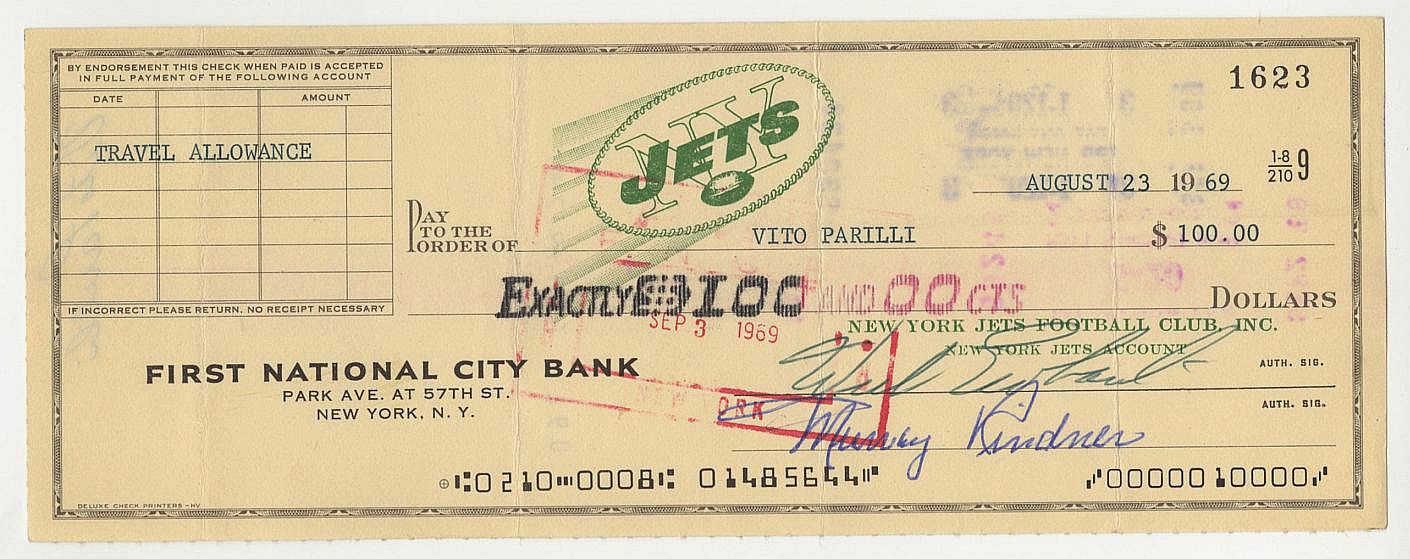 Weeb Ewbank & Vito Babe Parilli Signed AUTO 1969 New York Jets Payroll Check