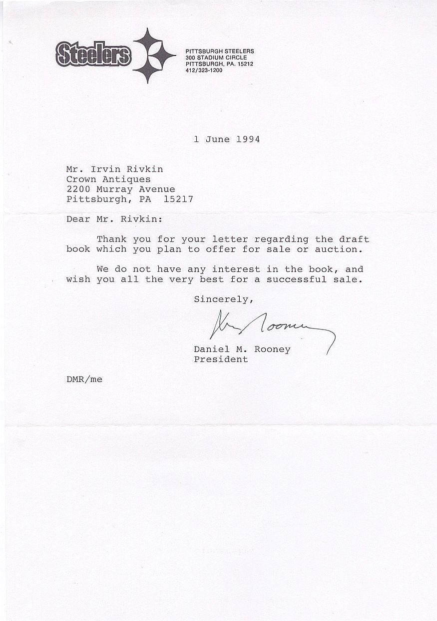 Dan Rooney Signed AUTO Letter Pittsburgh Steelers Pro Football HOF